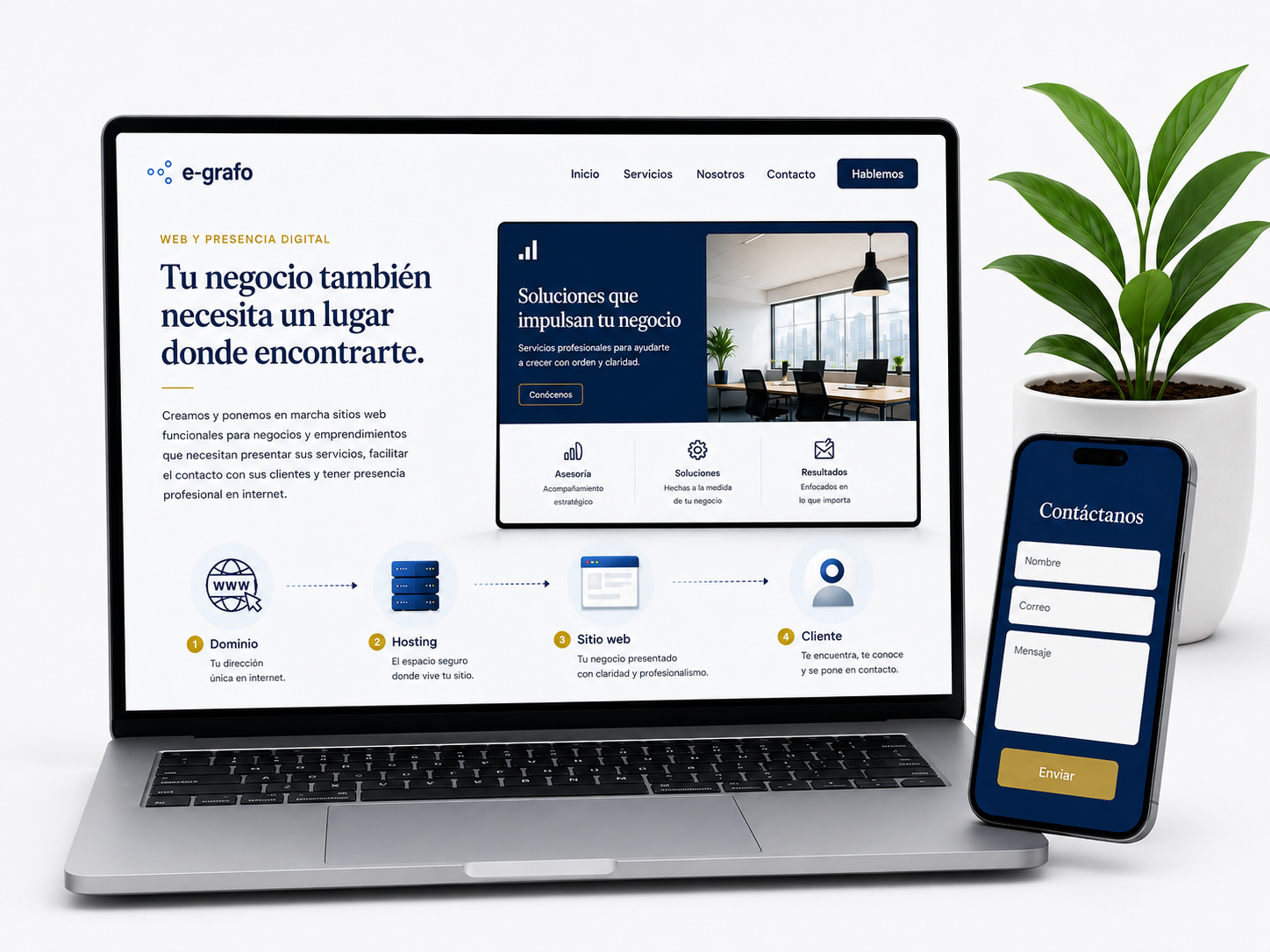 Diseño de una página web profesional mostrado en computadora y teléfono